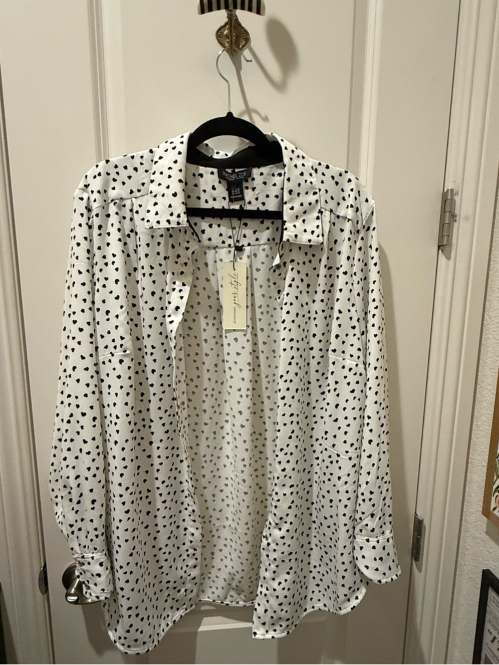 Rachel Zoe White Button-Up Shirt with Black Heart Print